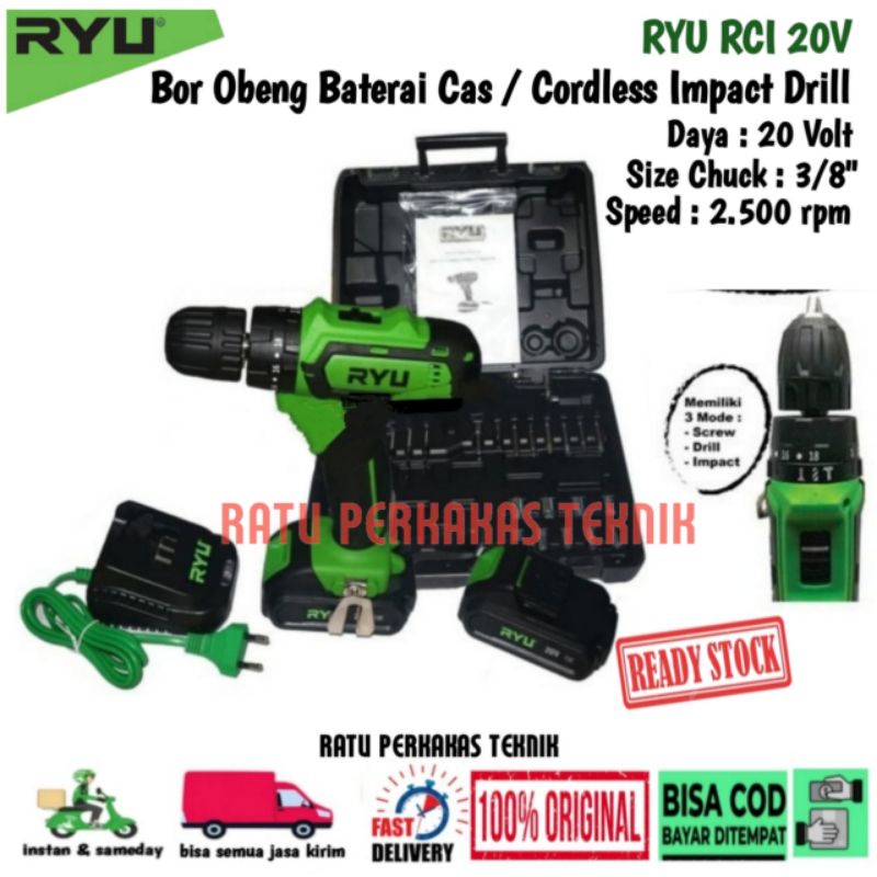 TEKIRO RYU CORDLESS IMPACT DRILL RCI 20V / MESIN BOR BETON TEMBOK OBENG BATRE CAS ORIGINAL PROMO CUC