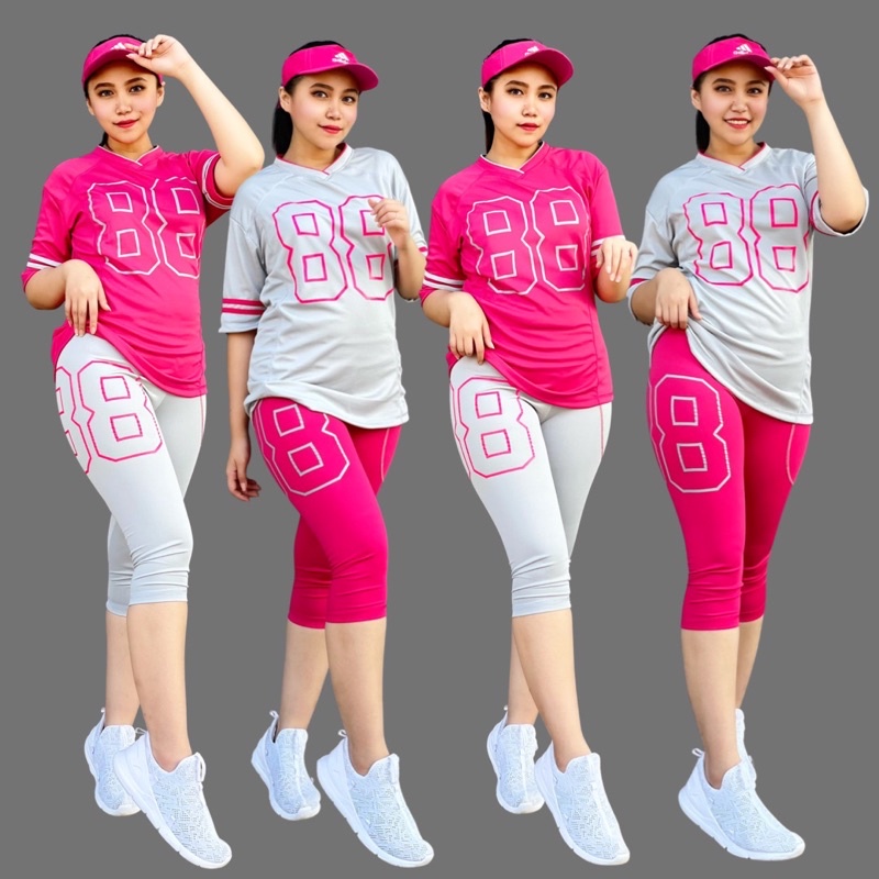 Setelan Baju Olahraga Wanita 88 Pink Abu Set Gym Fitness Jogging Running Cycling Gowes Sepeda
