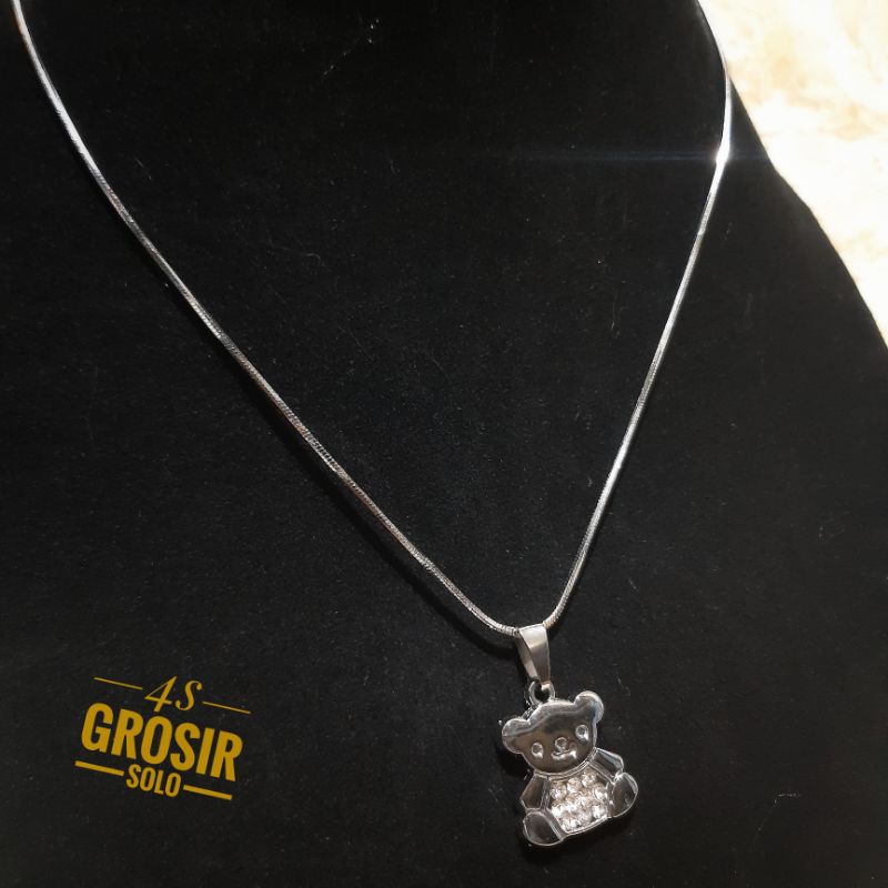 4S GROSIR SOLO || kalung silver liontin bear diamond / kalung rhodium anti karat &amp; luntur liontin bear diamond