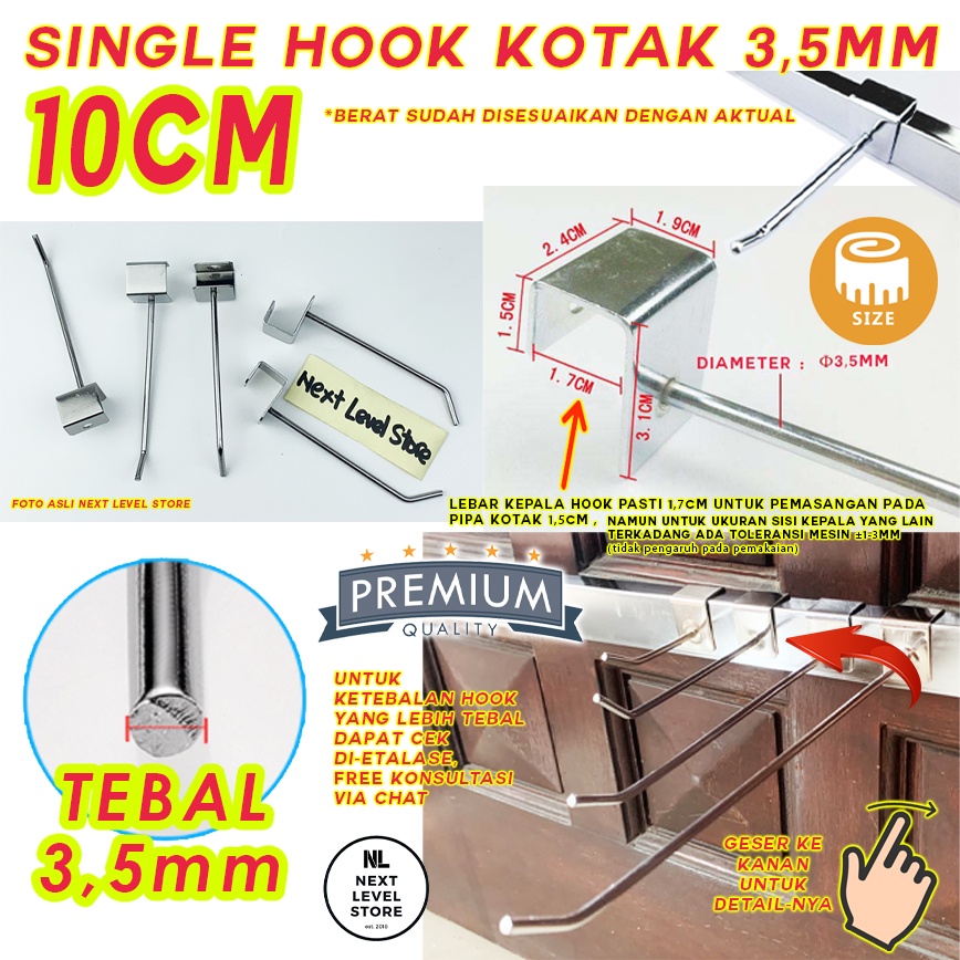 Single Hook Kotak Stainless 10 cm 10cm Cantolan Besi Tebal 3,5mm 3mm Ram Rak - LINK GROSIR