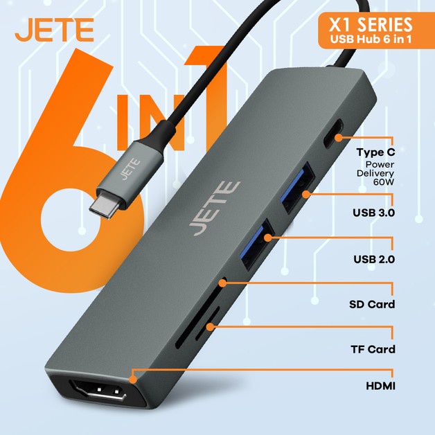 Converter HDMI USB 6in1 JETE X1 - Konverter Usb Type C To HDMI | Tipe C Ke Usb 3.0 Hdmi - Garansi Resmi 2 Tahun