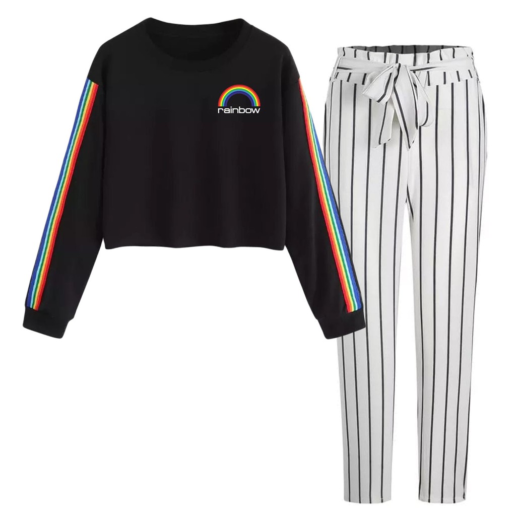 BESS - Baju Setelan Wanita Murah / Setelan Sweater Crop + Celana Salur Putih - RAINBOW