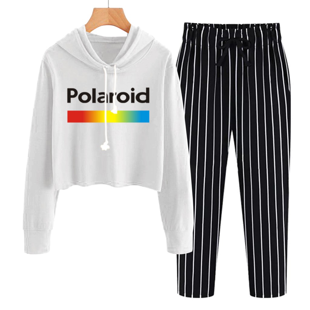 BESS - Baju Setelan Wanita Murah / Setelan Hoodie Crop + Celana Salur Hitam - POLAROID