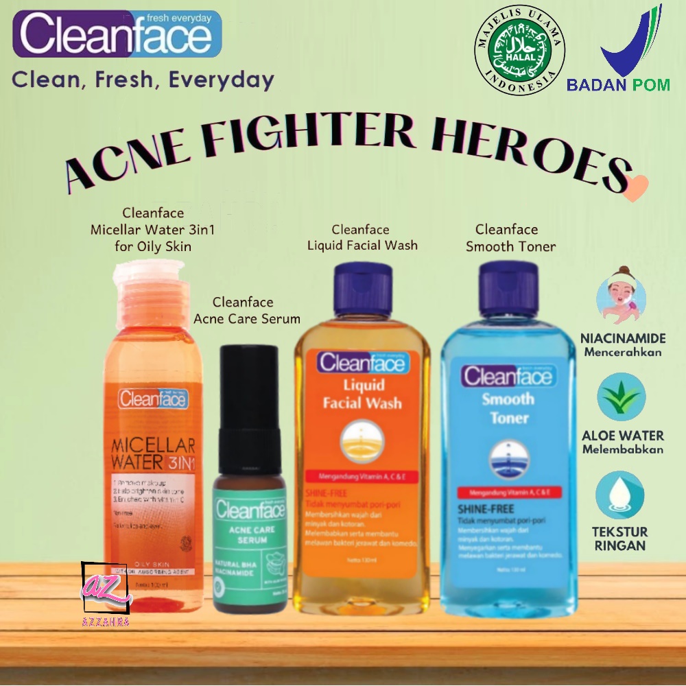 PURBASARI Clean Face Acne Fighter Heroes [Toner 130ml + Serum Acne + Facial Wash 130ml + Micellar Oily SKin 100ml] - 4pcs