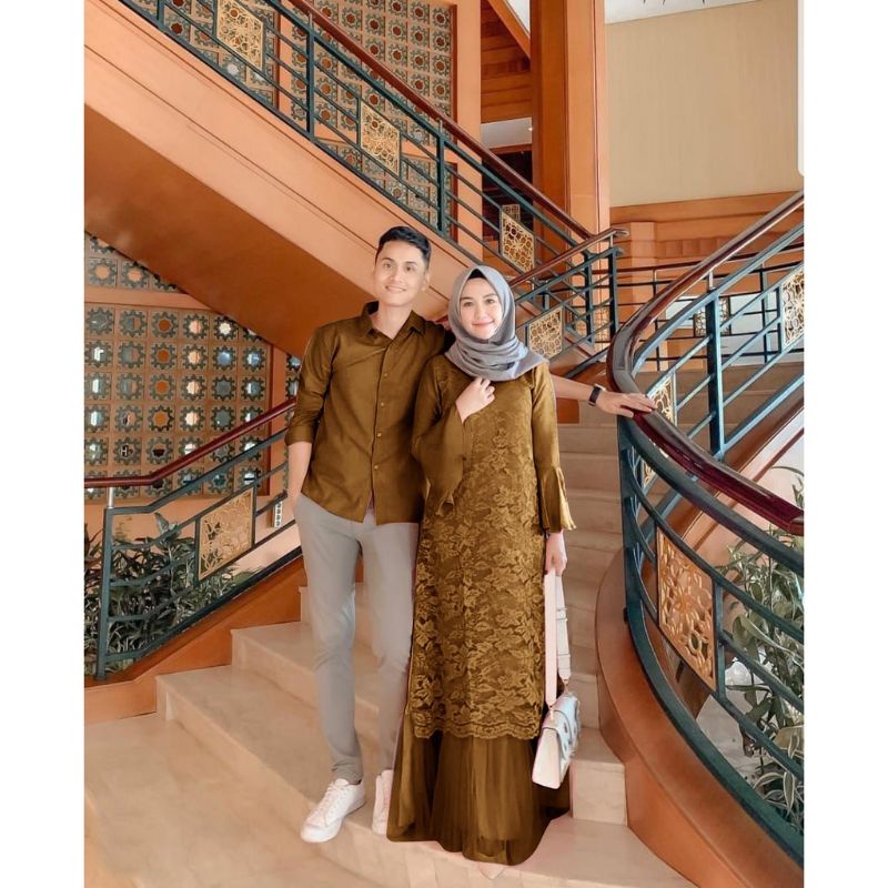 Baju Gamis Dress Brukat Brokat Pesta Kondangan Muslim PELNO Couple S M L XL XXL JUMBO Warna COKLAT C