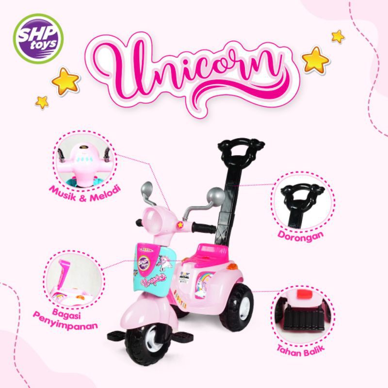 SCOOTER unicorn mainan anak vespa dorong duduk / sepeda roda tiga pink