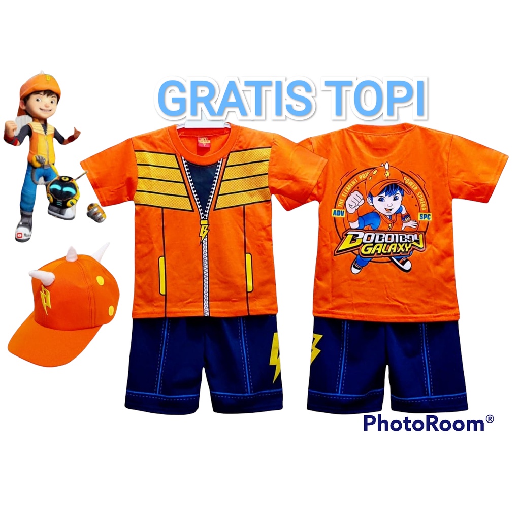 SETELAN BAJU ANAK BOBOIBOY ORANGE GALAXY GRATIS TOPI