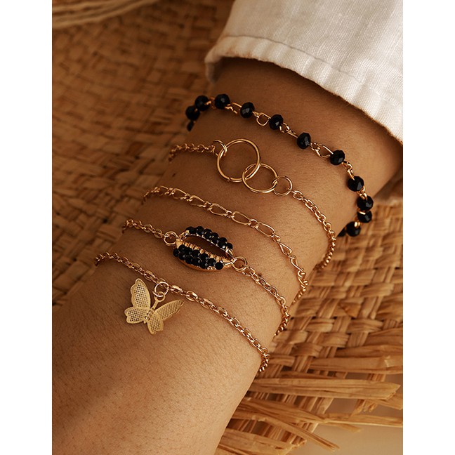 LRC Gelang Fashion Golden Ring Diamond Shell Butterfly Bracelet Set  P06569