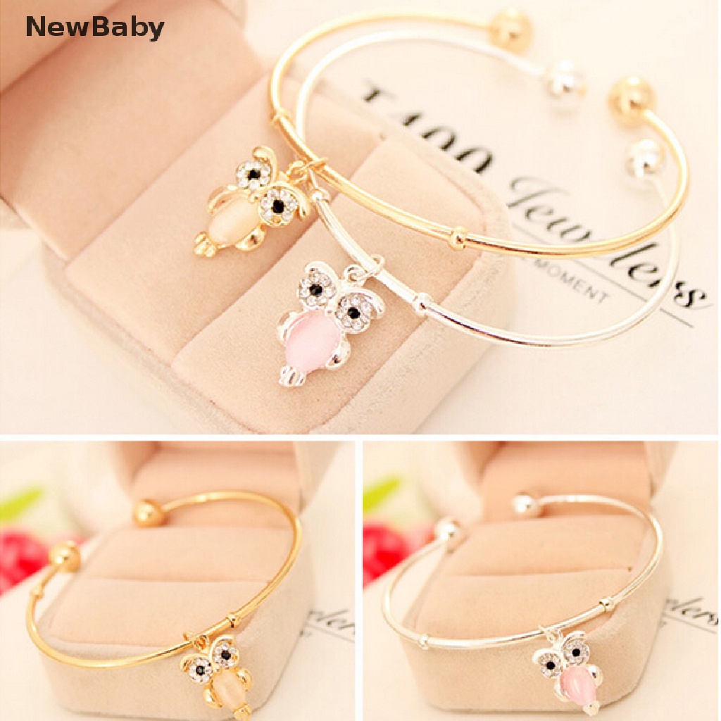 Newbaby Gelang Bangle Cuff Desain Burung Hantu Hias Berlian Imitasi Warna Silver / Gold Untuk Wanita