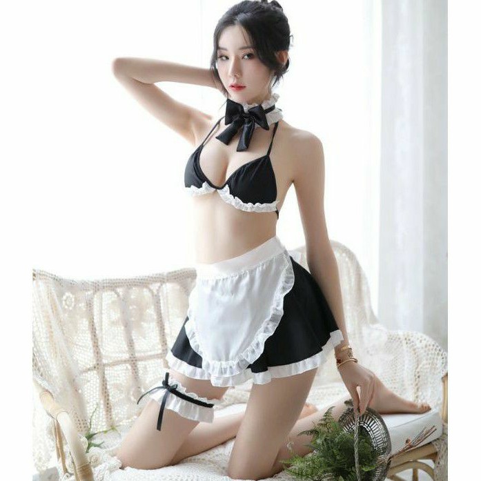 Maid Costume Bikini Lingerie Seragam Pelayan Set Apron Cosplay