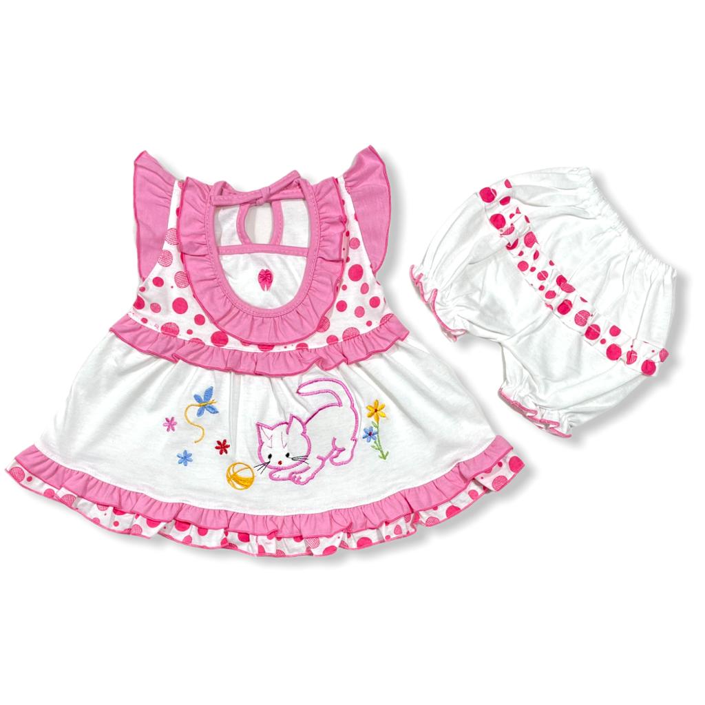 Setelan Dress Bayi Perempuan Katun 0-3 Bulan Cat Playing Ball