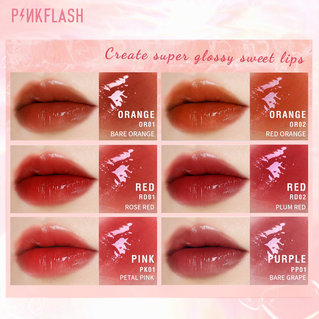 PINKFLASH Watery Glam Lip Gloss Lip Tint Lipstick Super Glossy Shiny Moisturizing Non Sticky Long Lasting Celebshine