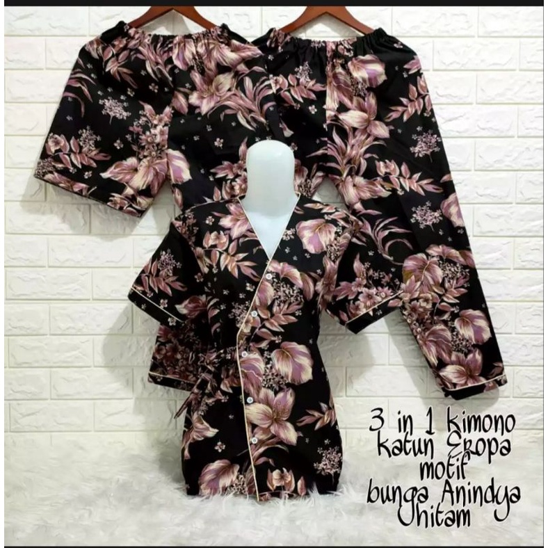 Piyama baju tidur Kimono 3in1 Wanita L-XL-XXL Motif Bunga