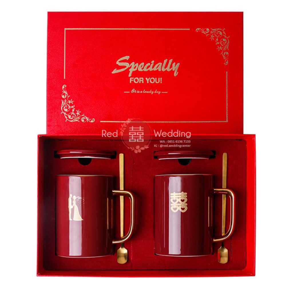 Gift Set Gelas Wedding Coffee Mug Bahan Keramik Warna Merah Motif Love Shuang Xi Double Happiness dapat Gift Box