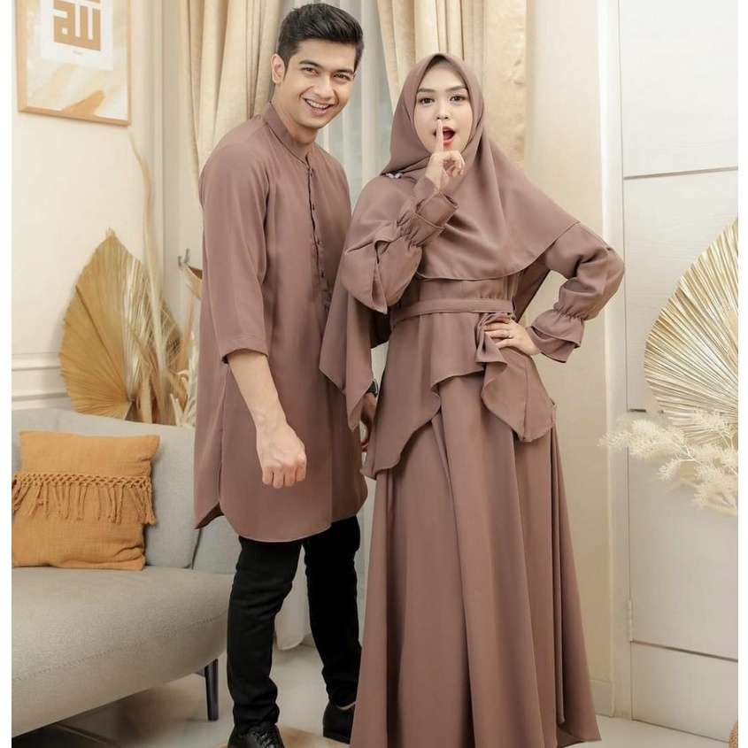 Ria Ricis Ryan TR Couple Baju Pasangan Gamis Syari + Sirwal Muslim Wanita Pria Polos Pesta Kondangan