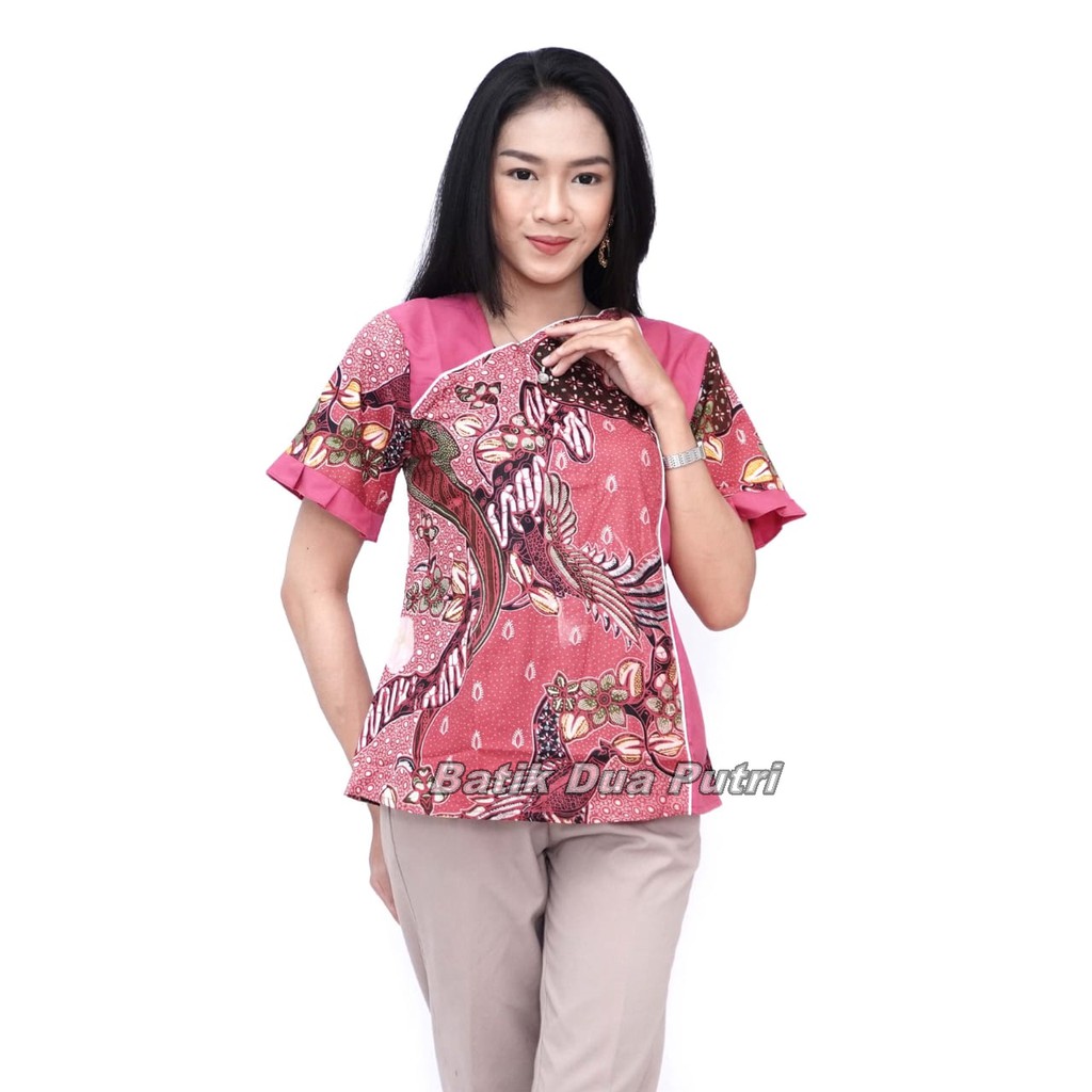 Batik Wanita Lengan Pendek Blouse Atasan Warna Pink Model Modern Trendy 2021- Motif kombinasi