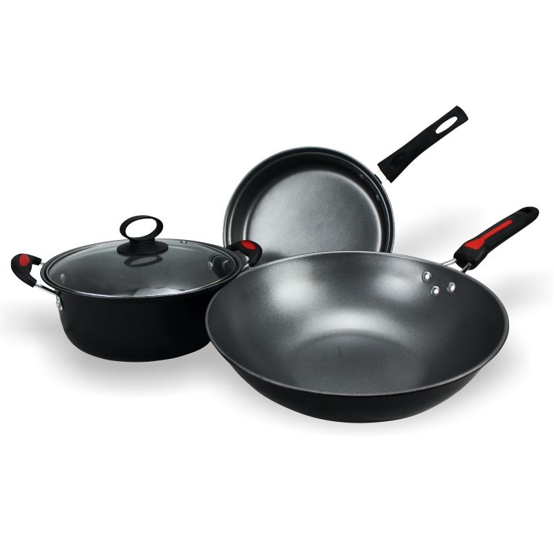 Wajan Enamel Frypan Teflon Anti Lengket Wajan Anti Lengket panci sup teflon frypan tutup kaca Panci set 3 in1 -Wonderdekorasi