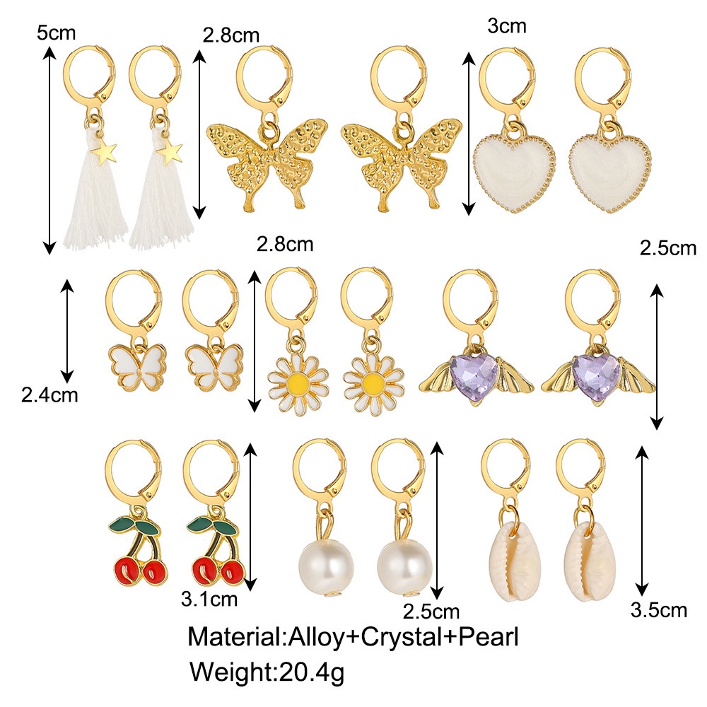 9 Pasang Anting Tusuk Gantung Wanita Model retro Butterfly + Bunga + Rumbai Mutiara