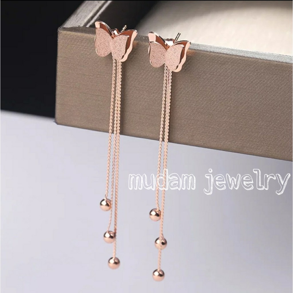 Anting Tusuk Titanium Kupu - Kupu Dengan Panjang Rumbai 6,5 cm