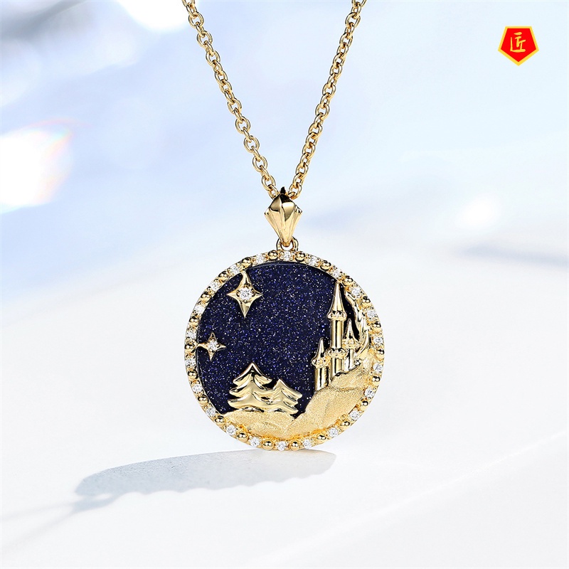 [Ready Stock]Creative Frozen Blue Gold Necklace 18K Gold Geometric Castle Pendant