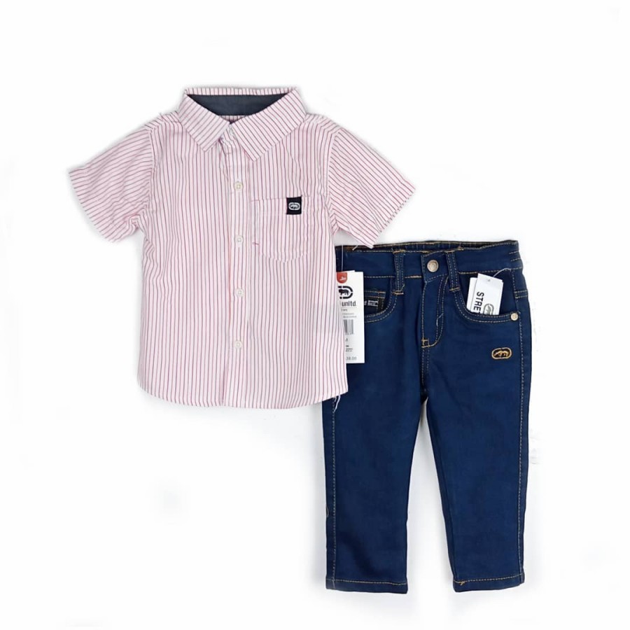 Setelan Anak Laki Kemeja Celana Jeans Stripe Red Ecko Unltd Size 18m 4y 10y 12y / Kado Baju Set Adem