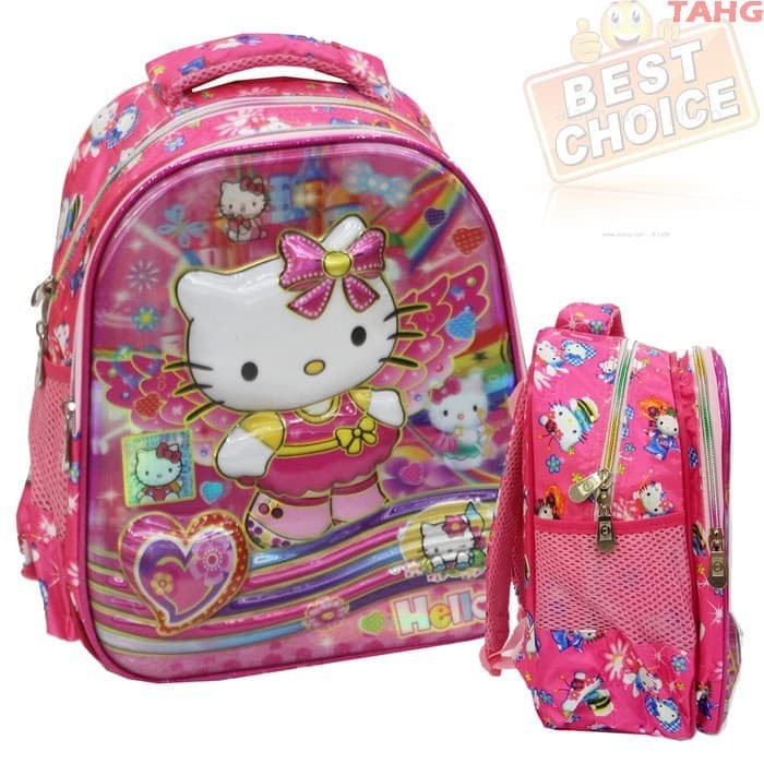 Tas Ransel TK Import Hello Kitty 5D Timbul Hologram Dua Kantung