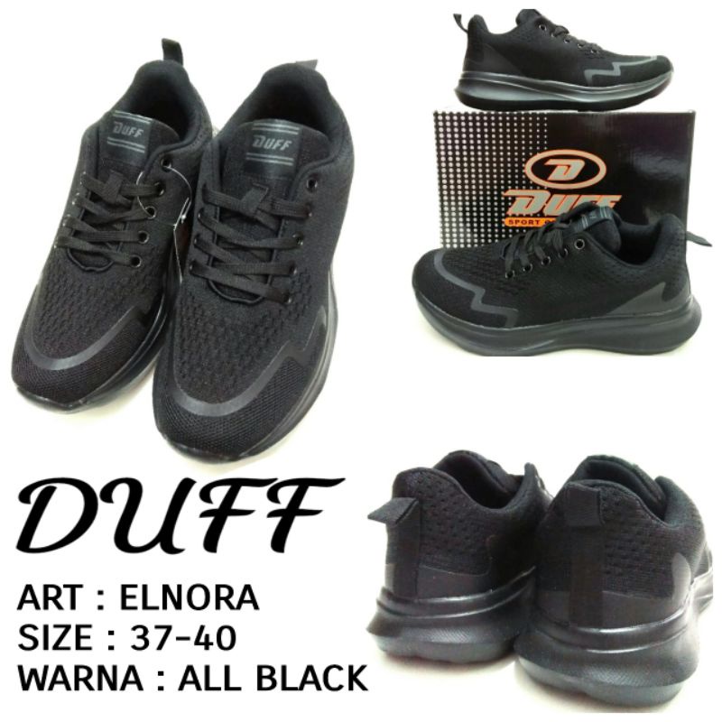 SEPATU SEKOLAH SNEAKERS UNISEX COWOK CEWEK FULL HITAM SIZE 37-40 DUFF ELNORA TERMURAH