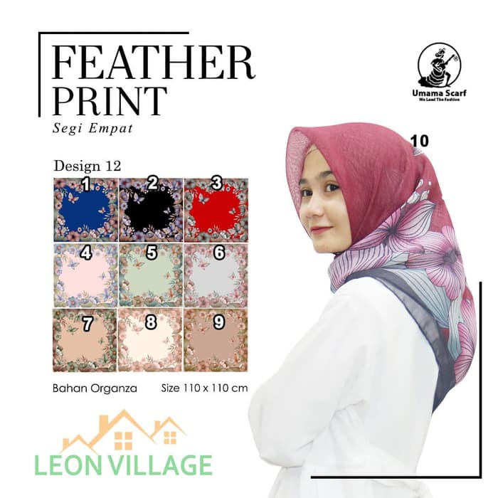Kerudung FEATHER PRINT A12 UMAMA Hijab Jilbab Organza Segi Empat Motif