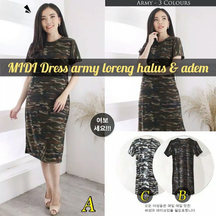 Midi Dress Santai Wanita Motif ARMY LORENG Kaos Baju Daster Kekinian - DRESS MOTIF A