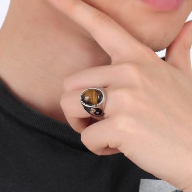 SEUSUK Vintage Boy Oval Tiger Eye Brown Stones with Yin Yang Symbol Ring Jewelry