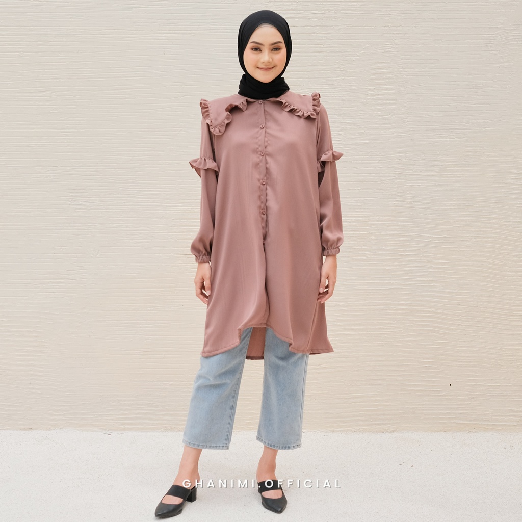 Ghanimi - Prinsa Tunik / Tunik Ruffle Polos / tunik kondangan kekinian / tunik gamis terbaru / tunik kerah asimetris korean style / tuni plos casual formal daily / tunik lengan bishop balon