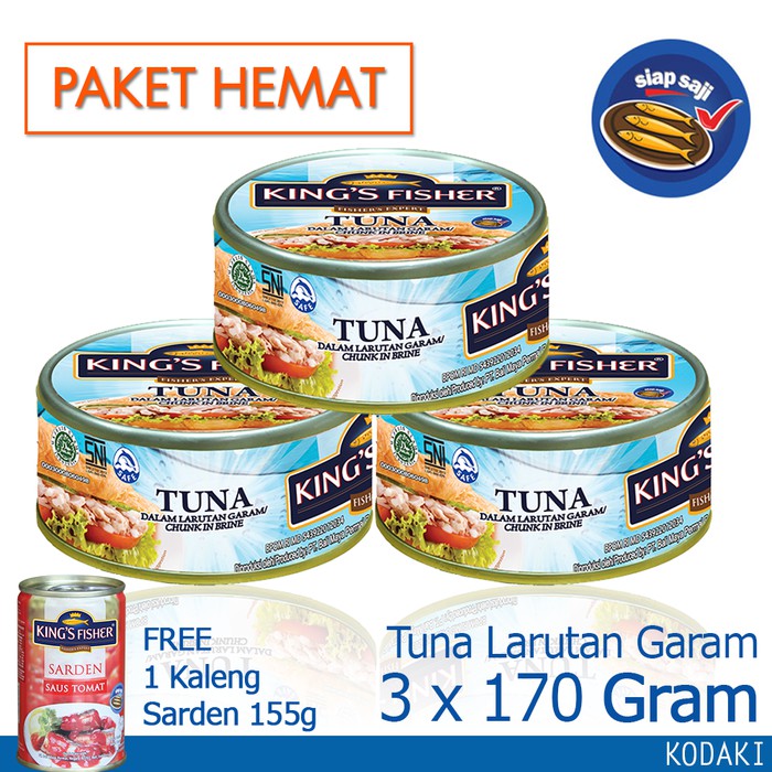 

Spesial Paket 3 pcs King's Fisher Tuna dalam Air Garam 170g gratis sarden 155g Free ongkir