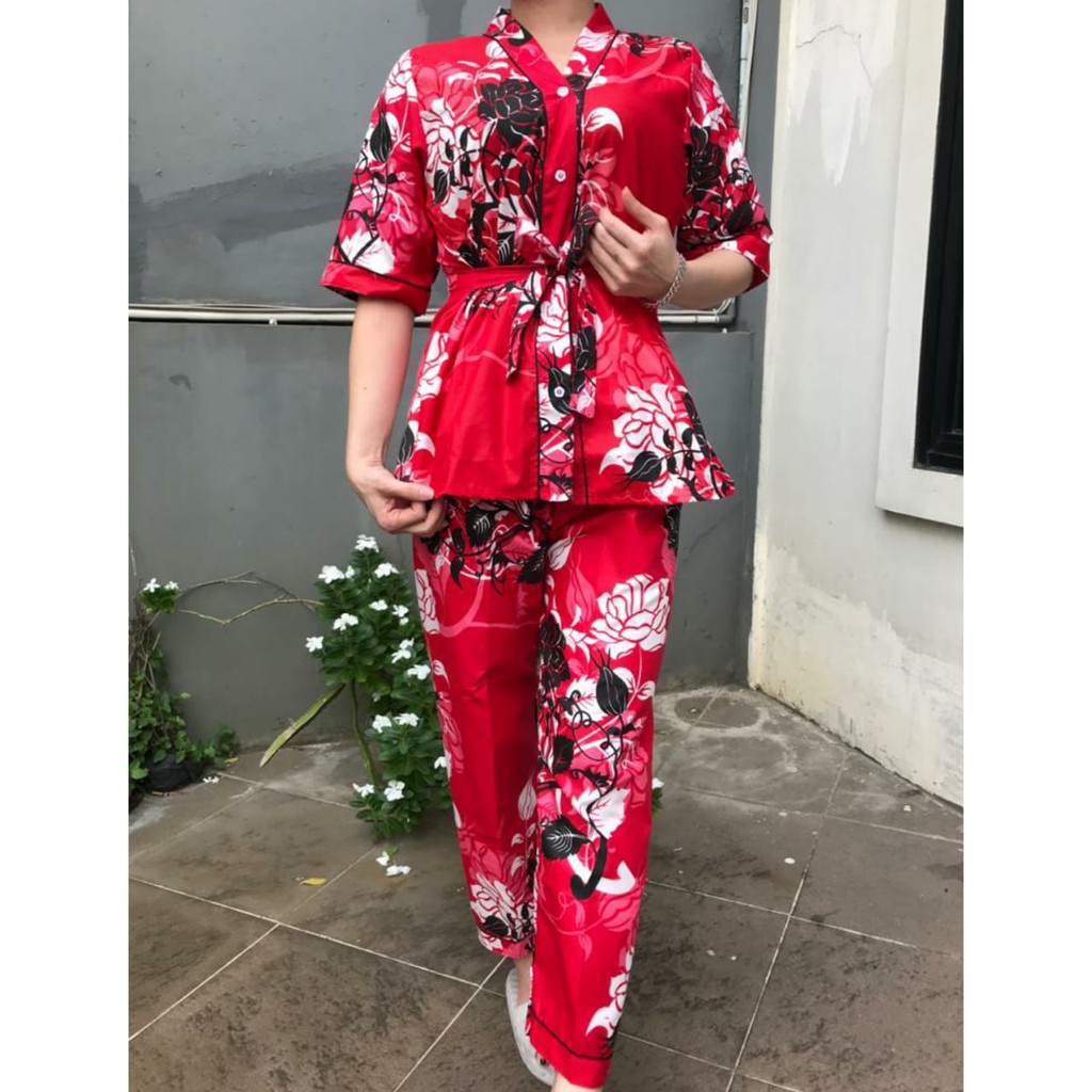 JNV Setelan Kimono CP Wanita Motif Karakter Kartun - Baju Tidur Kimono Lengan Pendek - Bahan Katun-Manohara Merah