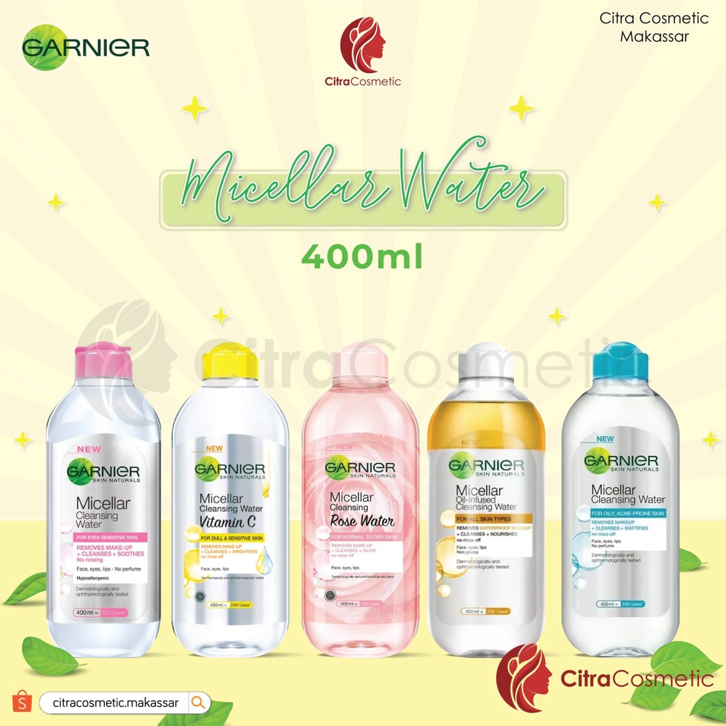 Garnier Clean Micellar Water Pink | Blue Biru | Bi-phase Oil | Vit C Kuning | Rose Water 400Ml