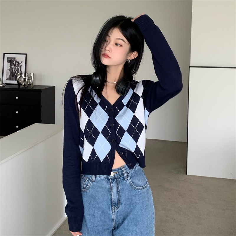 Versi Korea fashion retro V-neck kotak-kotak lengan panjang atasan kardigan rajutan untuk wanita