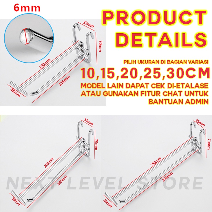 Double Hook Ram 10 15 20 25 30 CM TEBAL 6mm Display Cantolan Chrome Stainless Label Nama Price Card