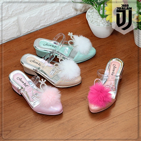 Sandal Selop Pesta Anak Perempuan Variasi Bulu Halus / Sandal Anak Jelly Cewek Pesta Hak Tahu Motif 