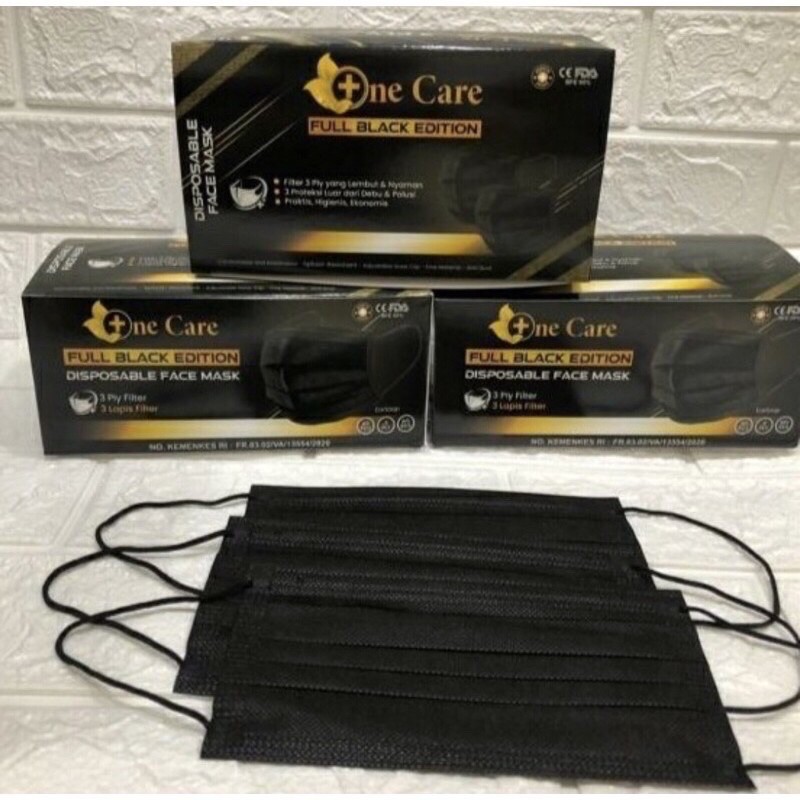 NeCare Black Earloop Masker Hitam 3ply isi 50 Pcs Ne Care Black Edition Full Hitam - Big Plaza