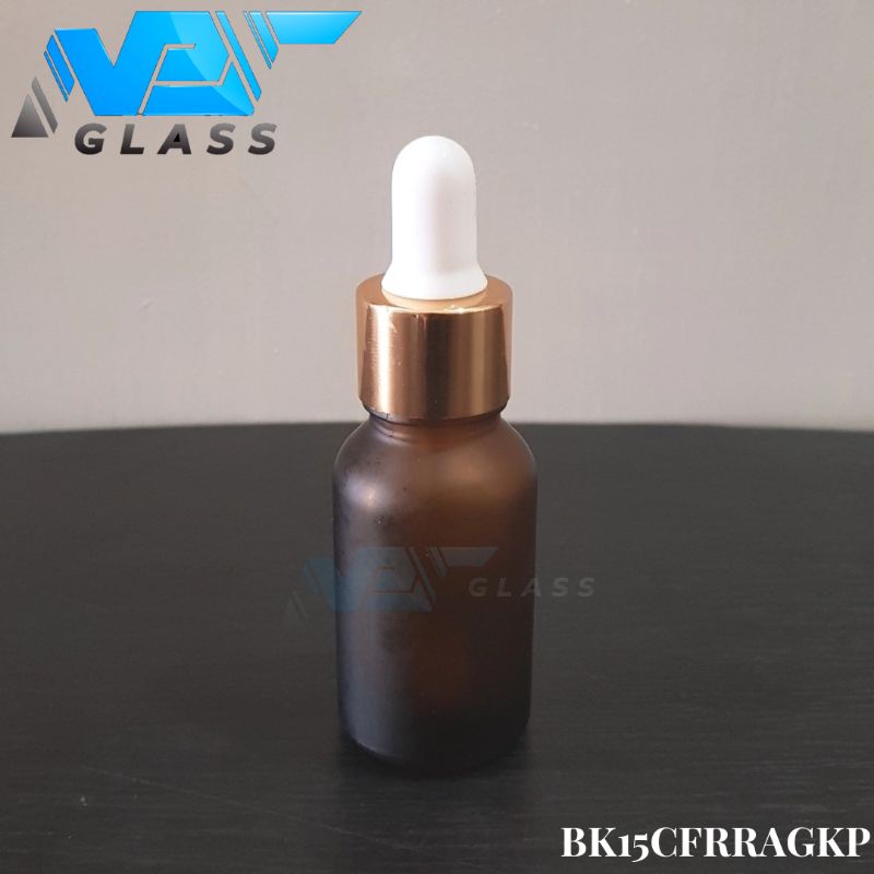 botol kaca pipet 15ml amber coklat doff / frosted - ring almunium gold