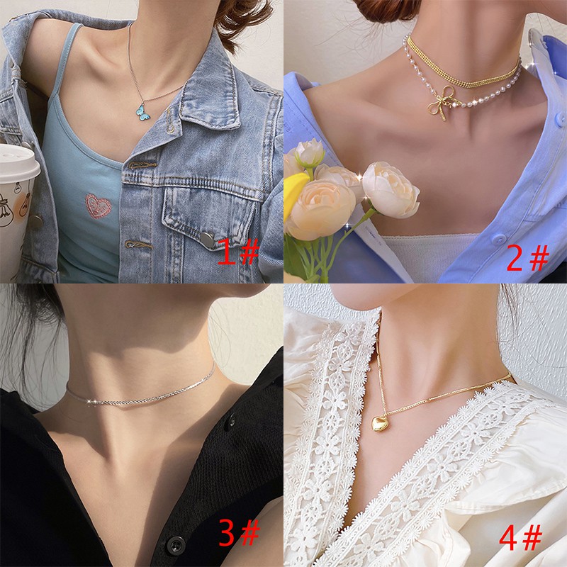 Kalung Rantai Choker Liontin Kupu-Kupu Hati Mutiara Warna Emas Perak Untuk Wanita