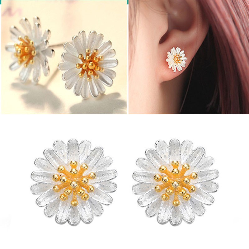 Anting Stud Desain Bunga Matahari Daisy Krisan Bahan S925 Sterling Silver Untuk Perempuan