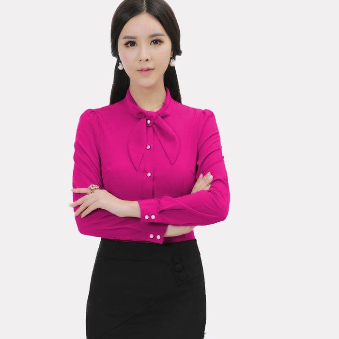 Kemeja Wanita Fashion Korea Model Baju Atasan Kerja Wanita Lengan Panjang Kekinian F-X611-Fuchsia