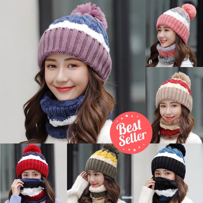 Topi kupluk wanita hangat import rajut winter hat musim dingin korea anak beanie set neck warmer kim