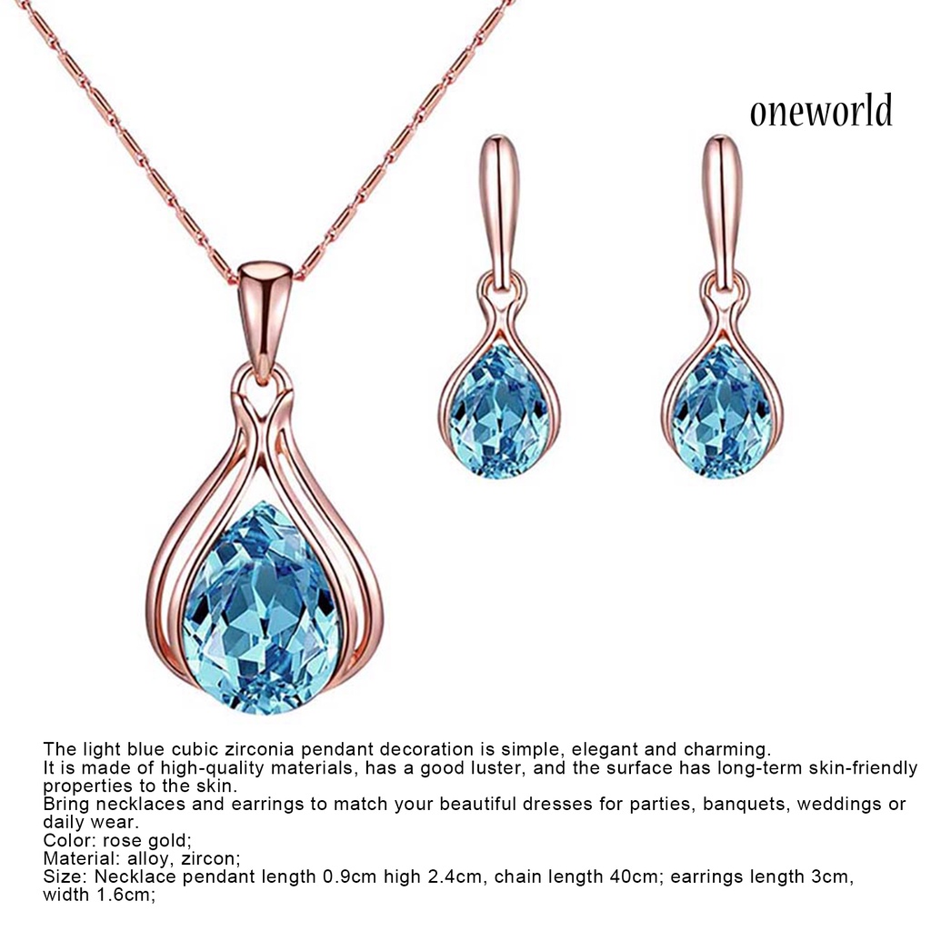 OW@ Women Cubic Zirconia Water Drop Pendant Necklace Ear Stud Earrings Jewelry Set