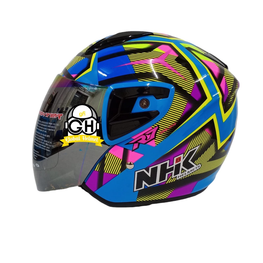 Helm NHK R7 Aurora Blue Flo Half Face Single Visor Rainbow - Helem Motor SNI DOT Touring Dewasa Pria Wanita Cewek Cowok Helmet Keren Terbaru Original