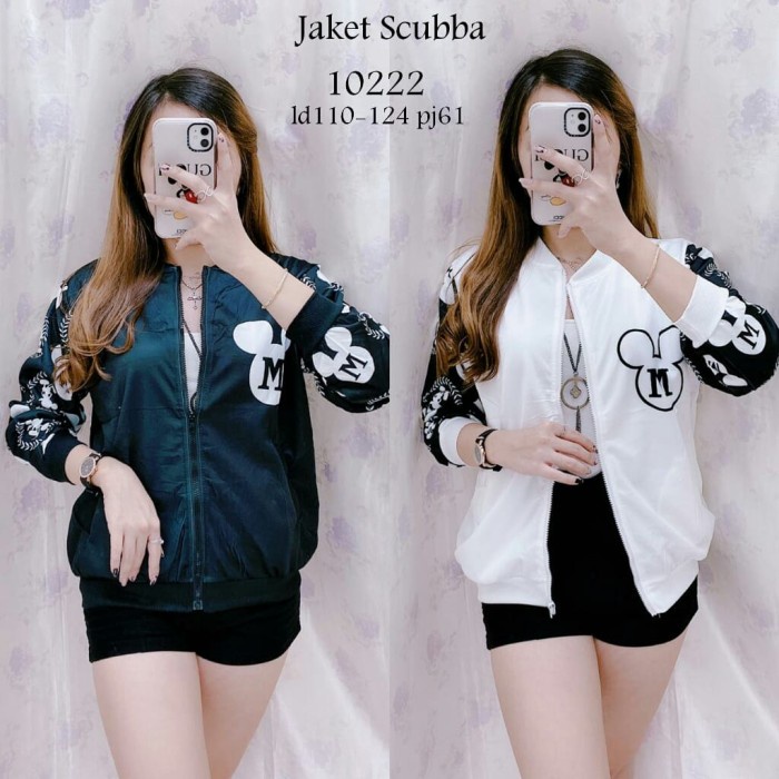 Jaket Wanita FASHION WANITA 10222 JAKET SCUBA LENGAN MOTIF MICKEY IMPORT - Putih(T4R4) Jaket Wanita 