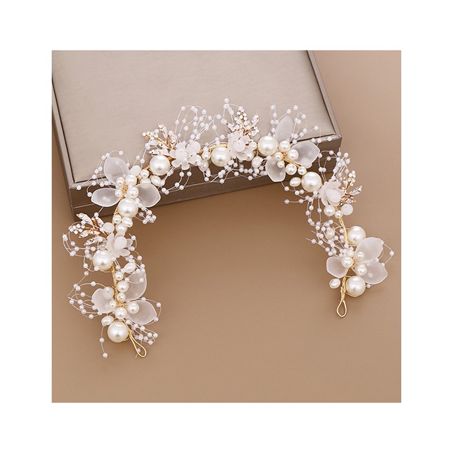 LRC Aksesoris Rambut Fashion White Pearl Flower Braided Leaf Hair Band F92859