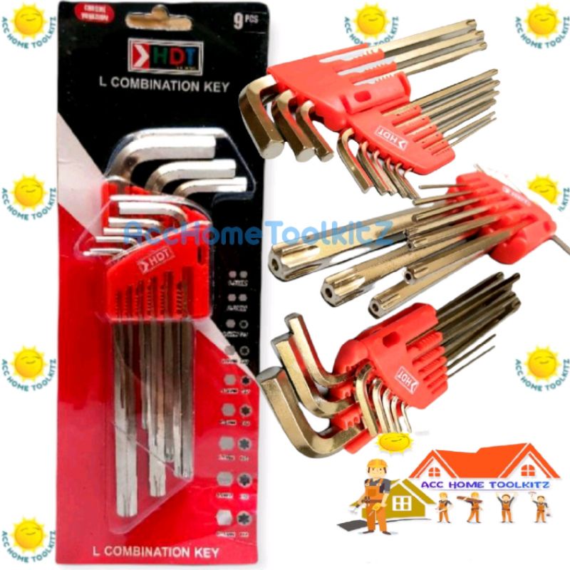 Kunci L Set 9 PCS HDT Bintang Panjang Segi 6 Combination Long Hex-Torx L Key