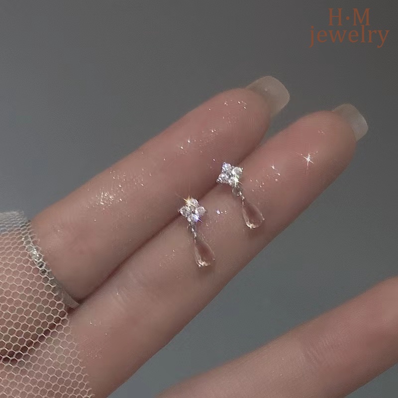 Anting Tusuk Sterling Silver 925 Model Tetesan Air Dengan Berlian Warna Oranye Sampanye Untuk Wanita