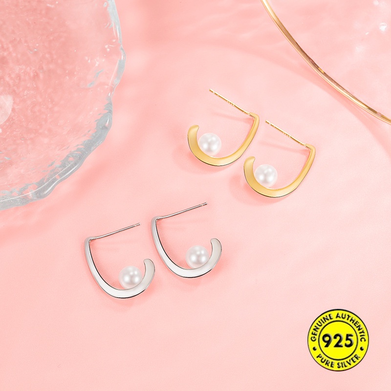 Anting Tusuk Sterling Silver 925 Desain Huruf J Hias Mutiara Kecil Untuk Wanita